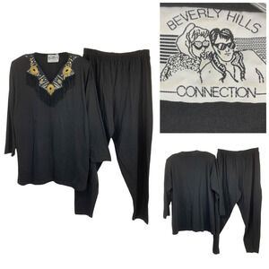 Vintage Beverly Hills Connection Sz XL Embellished Concho Fringe Black 2 Pc Set